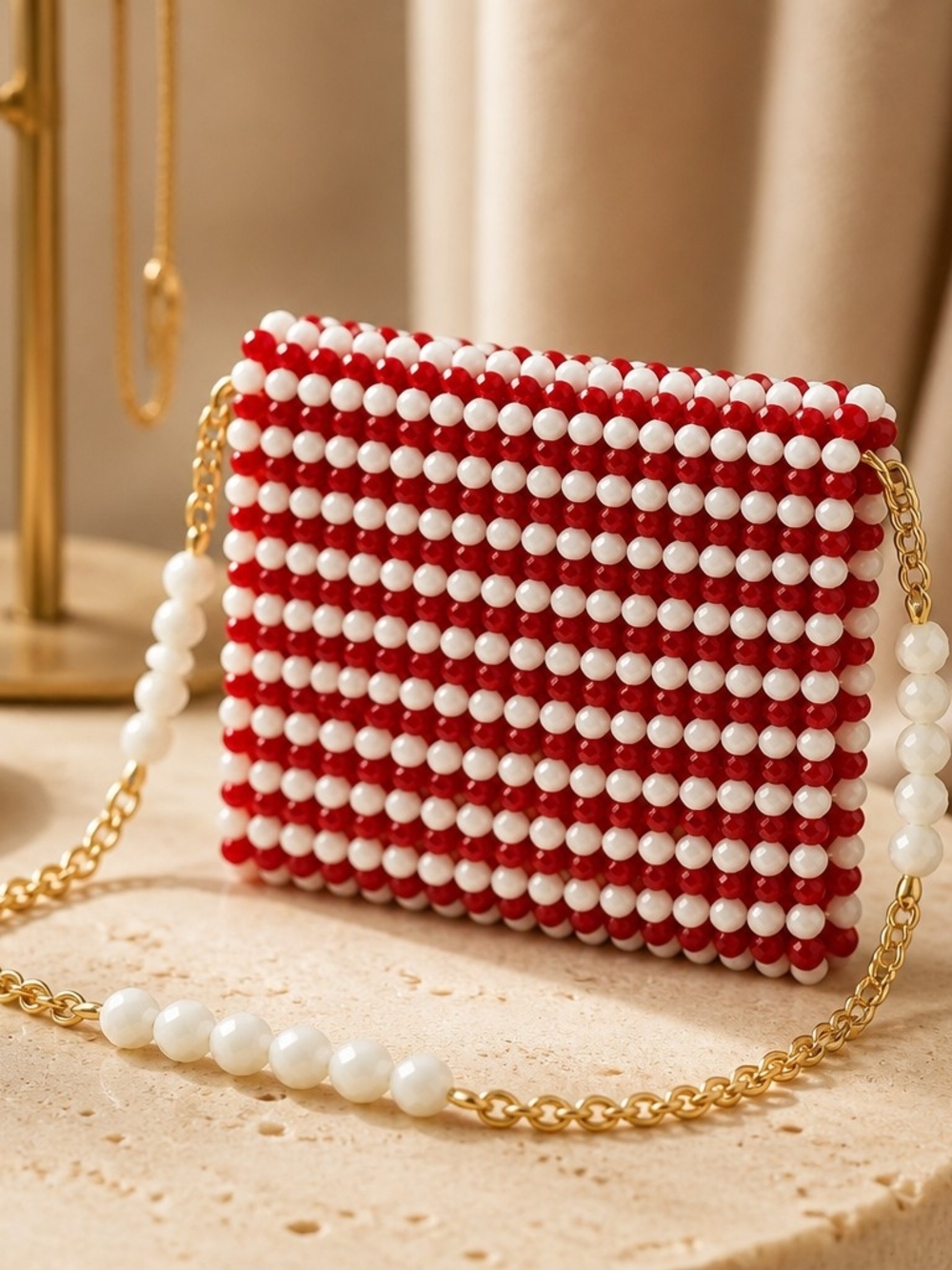 Vintage Red & White Beaded Crossbody Bag - Chic Pearl-Style Design